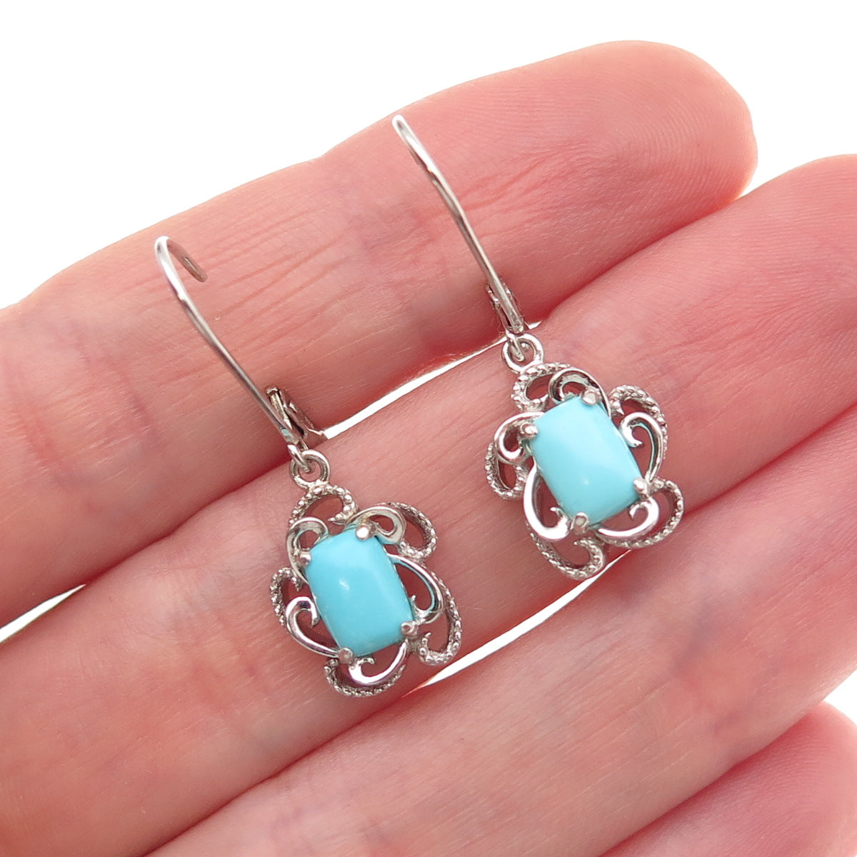 925 Sterling Silver Real Sleeping Beauty Turquoise Floral Dangle Earrings