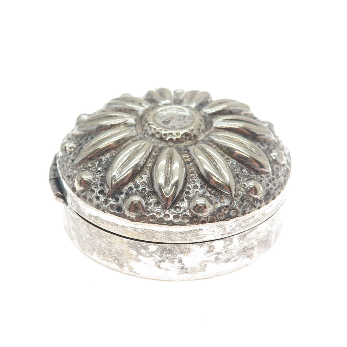 ALPACA Silver-Tone Vintage Mexico Daisy Flower Pill / Snuff Box