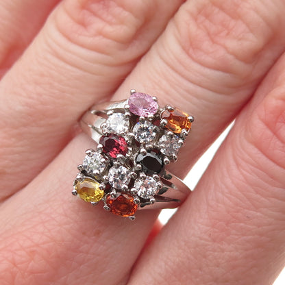 925 Sterling Silver Real Multi-Color Sapphire & C Z Cluster Ring Size 6.25