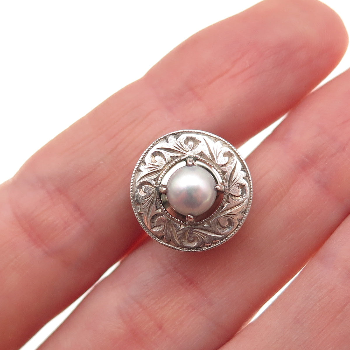 925 Sterling Silver Antique Art Deco Real Pearl Floral Tie Tack / Lapel Pin
