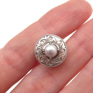 925 Sterling Silver Antique Art Deco Real Pearl Floral Tie Tack / Lapel Pin