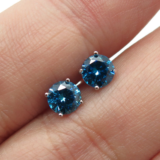 925 Sterling Silver Blue Round-Cut Shaped C Z Stud Earrings