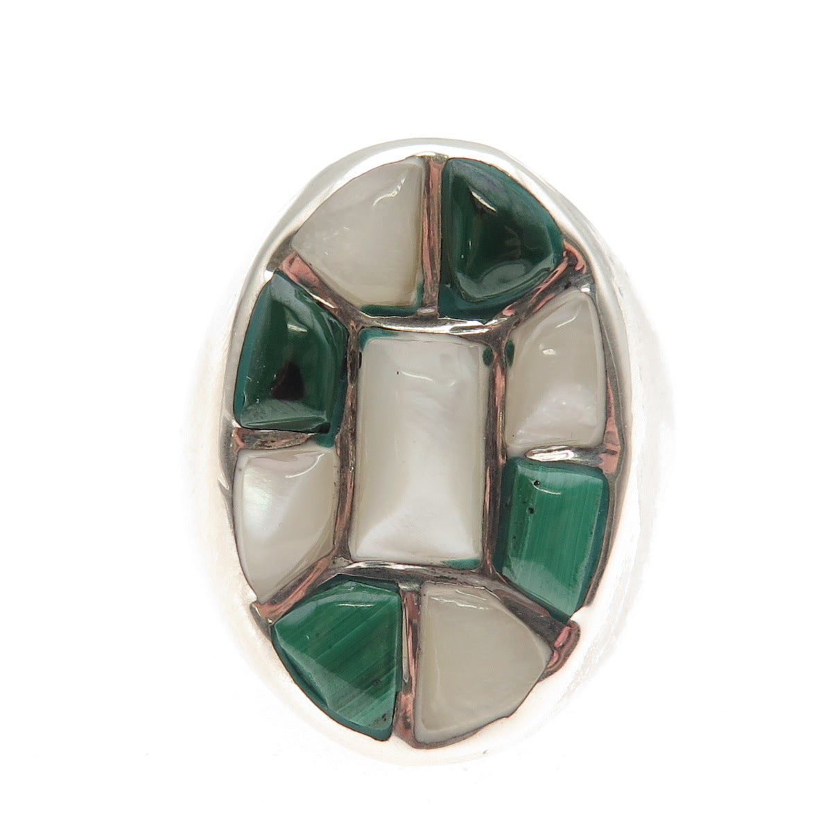 Old Pawn 925 Sterling Silver Vintage Southwestern MOP & Malachite Ring Size 10