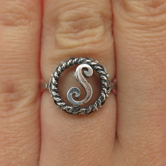 925 Sterling Silver Vintage Letter "S" Initial Oxidized Ring Size 5.5