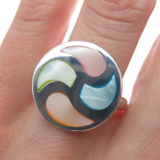 925 Sterling Silver Vintage Real Multi-Color MOP Modernist Ring Size 8.5