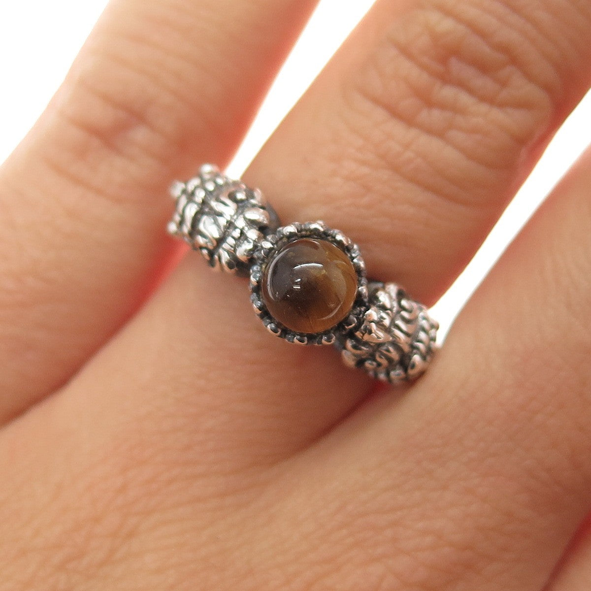 950 Silver Vintage Real Tiger Eye Dragon Oxidized Ring Size 5.5