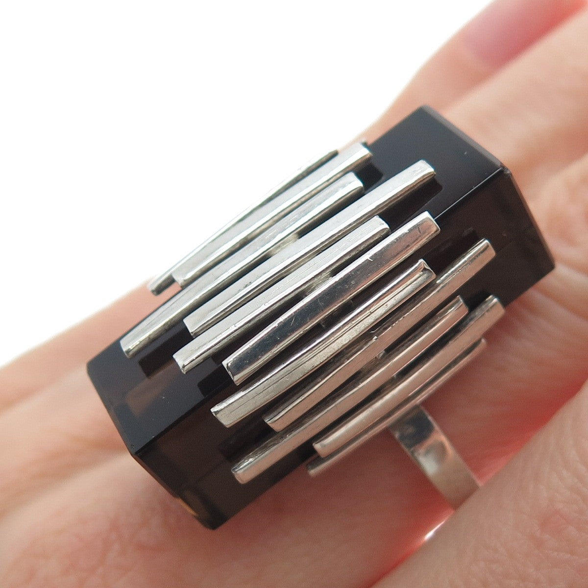 800 Silver Vintage Real Smoky Quartz Fence Statement Ring Size 5.5