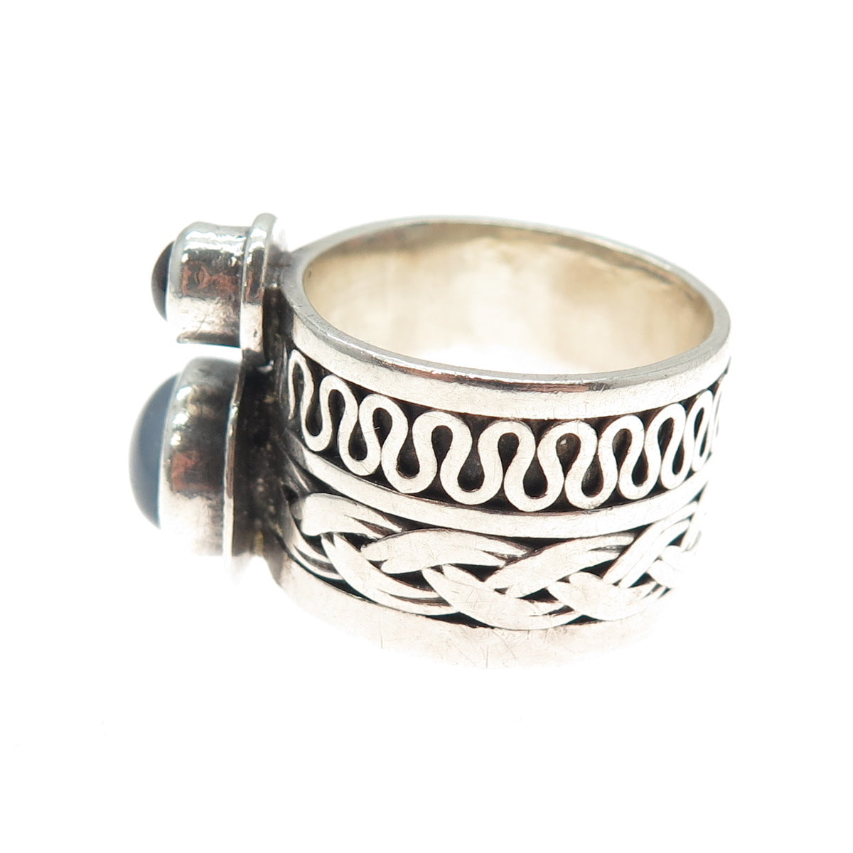 925 Sterling Silver Vintage Real Moonstone & Tourmaline Modernist Ring Size 8.75