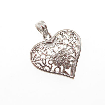 925 Sterling Silver Round-Cut C Z Floral Heart Charm Pendant