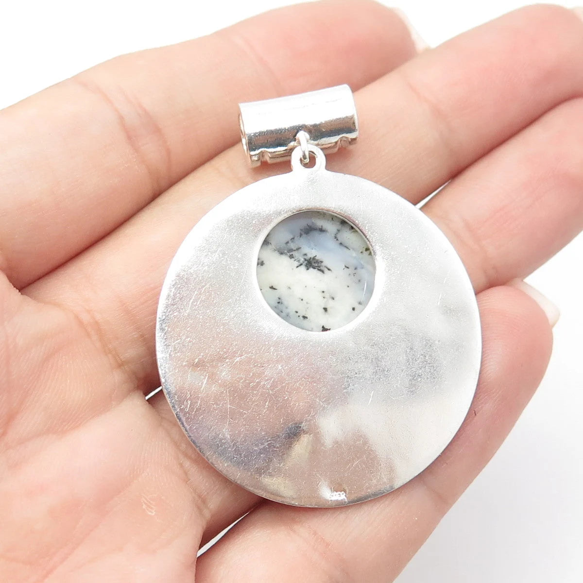 925 Sterling Silver Vintage Real Agate Gemstone Ethnic Slide Pendant