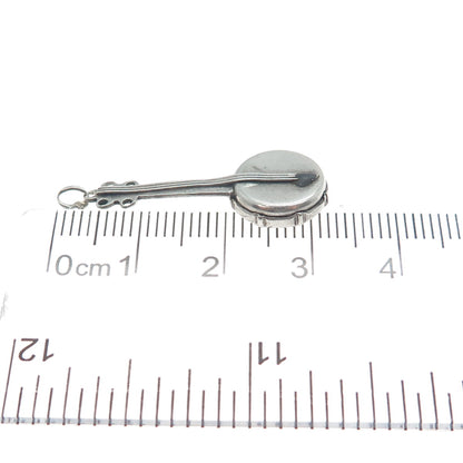 925 Sterling Silver Antique Art Deco Banjo Minimalist Oxidized 3D Charm Pendant
