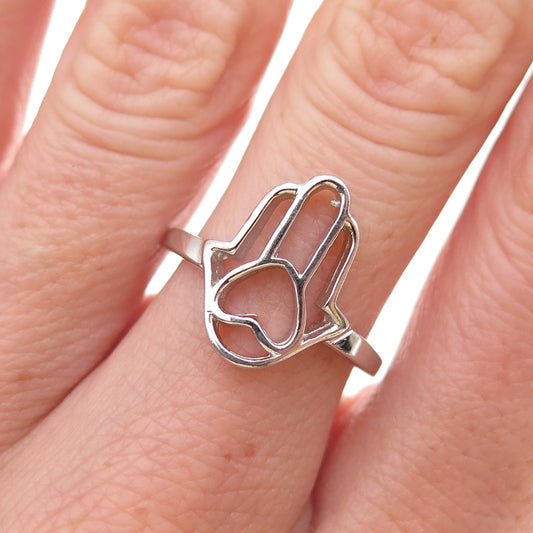 925 Sterling Silver Heart Hamsa Amulet Ring Size 7