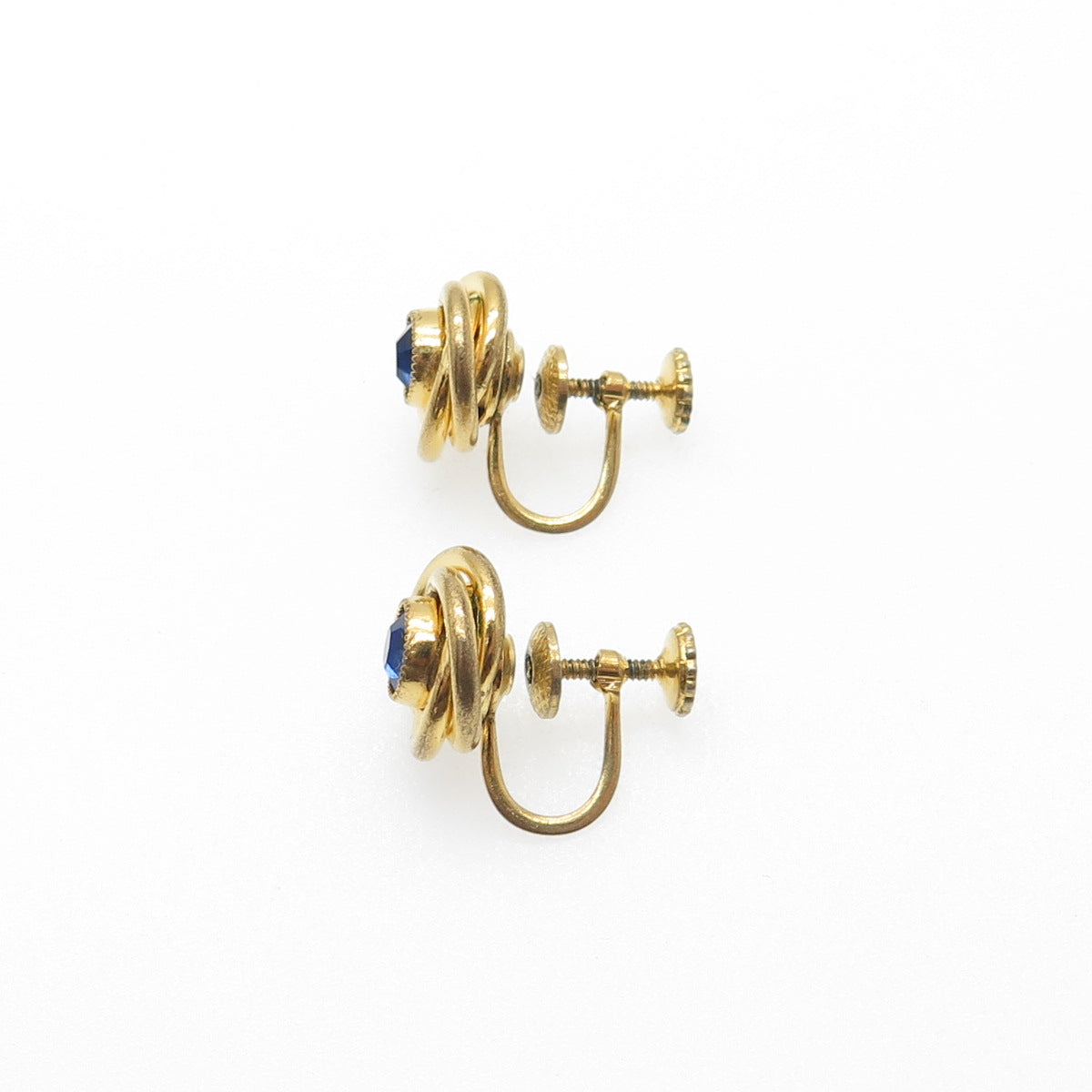 Gold Filled Antique Art Deco Blue Rhinestone Trinity Knot Screw Back Earrings
