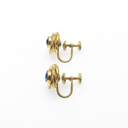 Gold Filled Antique Art Deco Blue Rhinestone Trinity Knot Screw Back Earrings