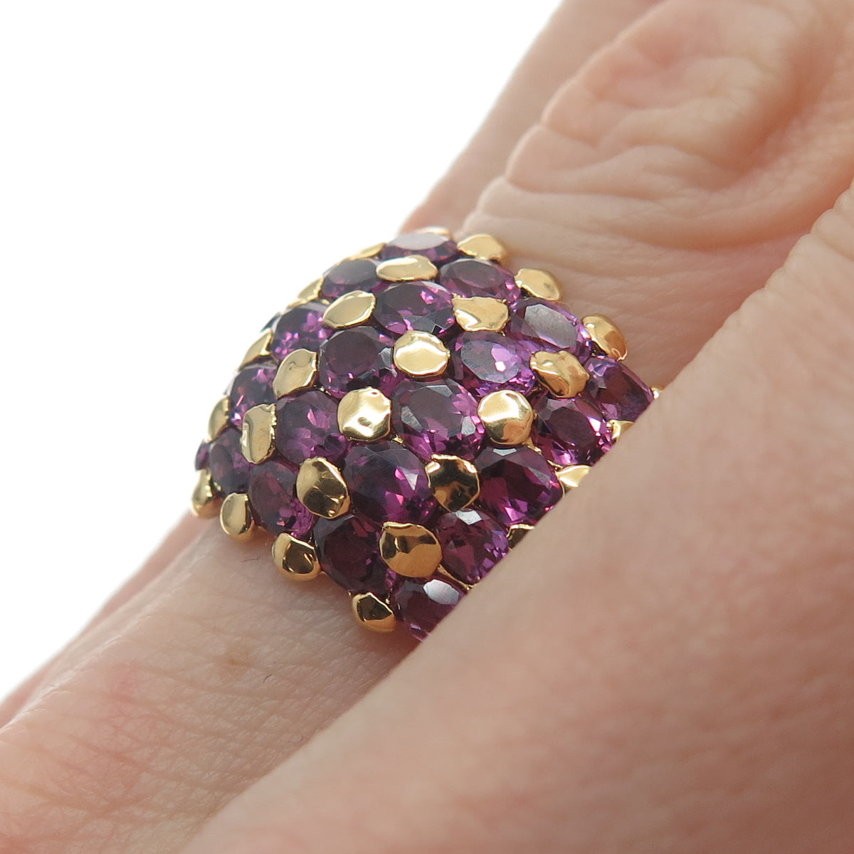 925 Sterling Silver Gold Plated IBB Real Amethyst Gem Cluster Wide Ring Size 6