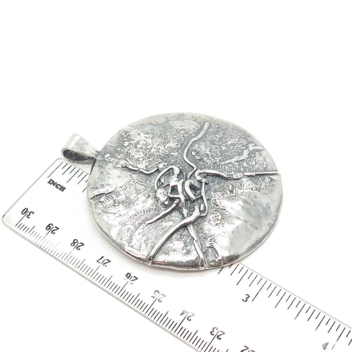925 Sterling Silver Vintage Brutalist Modernist Large Round Pendant
