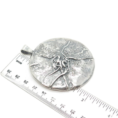 925 Sterling Silver Vintage Brutalist Modernist Large Round Pendant