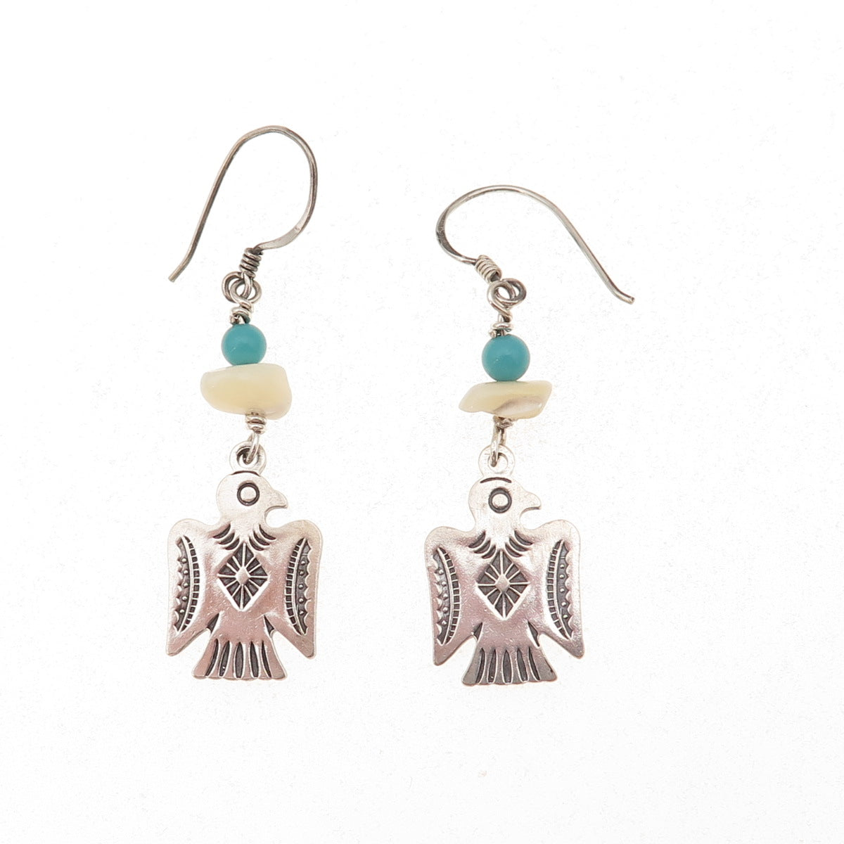 Old Pawn 925 Sterling Silver Vintage Turquoise & MOP Thunderbird Dangle Earrings