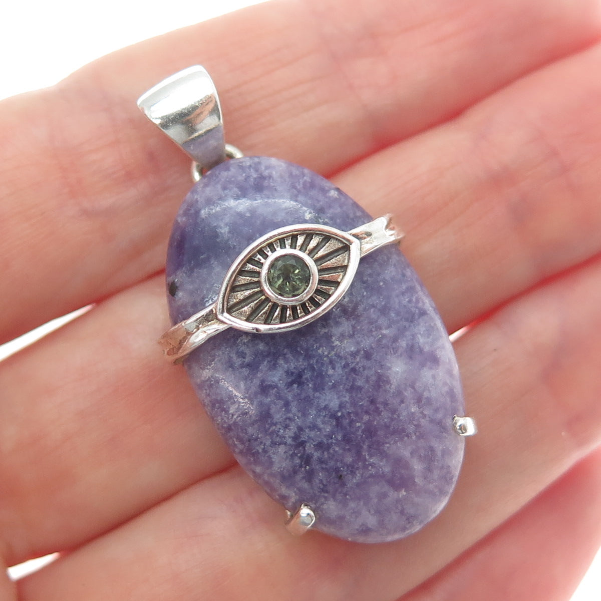 925 Sterling Silver Vintage Real Lepidolite & Peridot Evil's Eye Charm Pendant