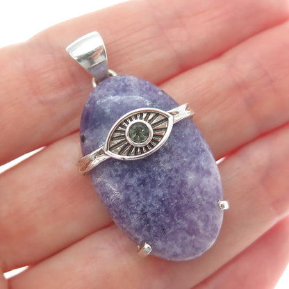 925 Sterling Silver Vintage Real Lepidolite & Peridot Evil's Eye Charm Pendant