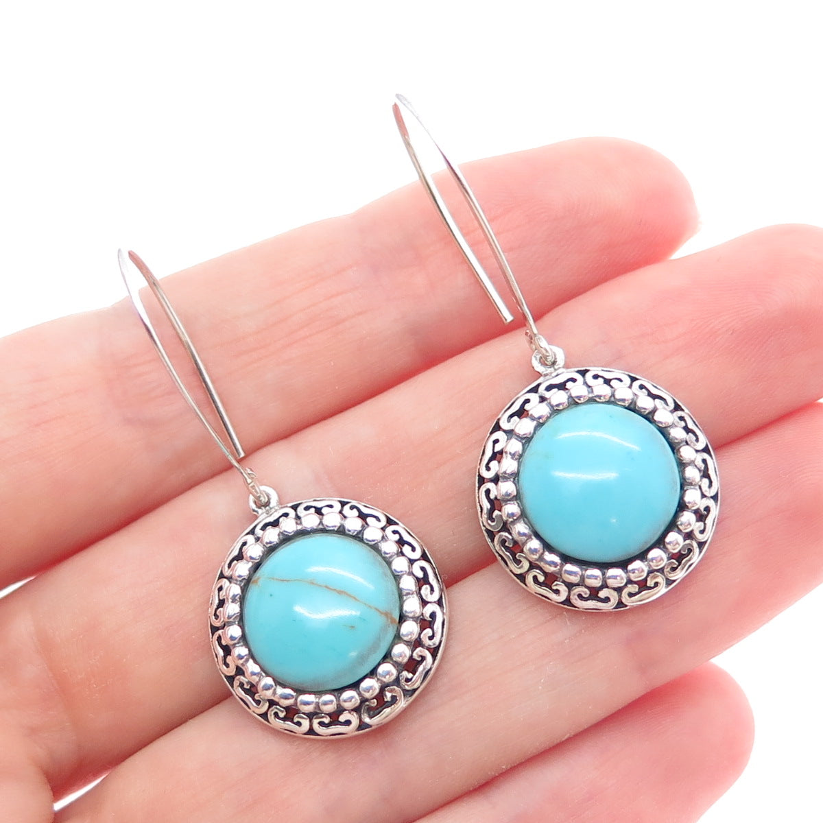 KEN CRAFTS 925 Sterling Silver Vintage Real Turquoise Modernist Dangle Earrings