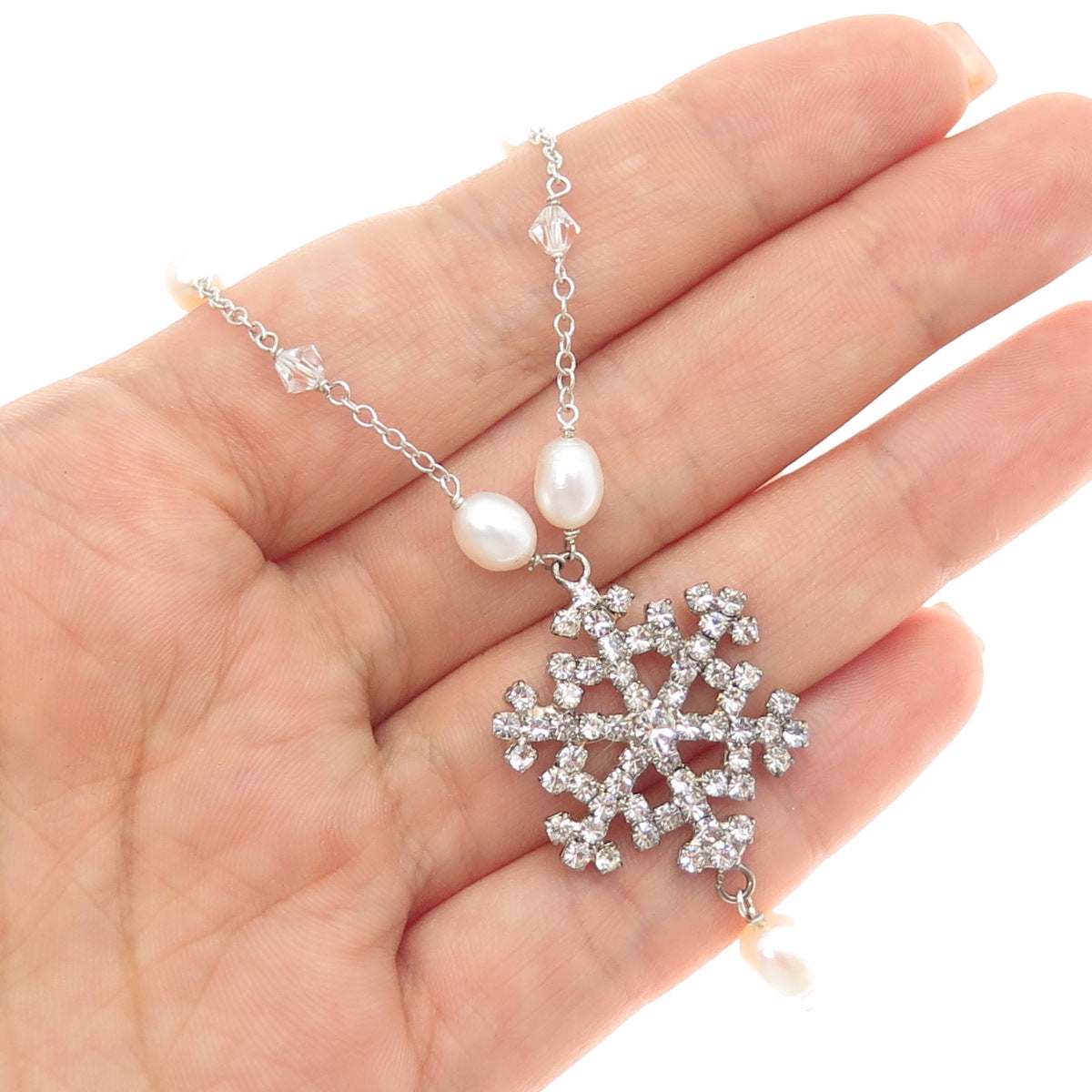 925 Sterling Vintage Real Pearl By The Yard & Rhinestone Snowflake Necklace 16"
