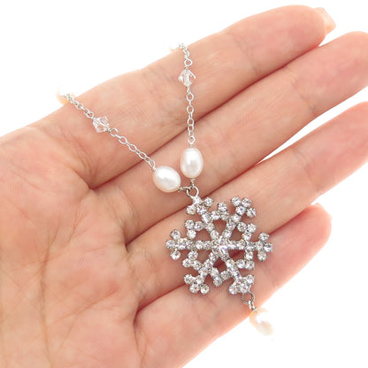 925 Sterling Vintage Real Pearl By The Yard & Rhinestone Snowflake Necklace 16"
