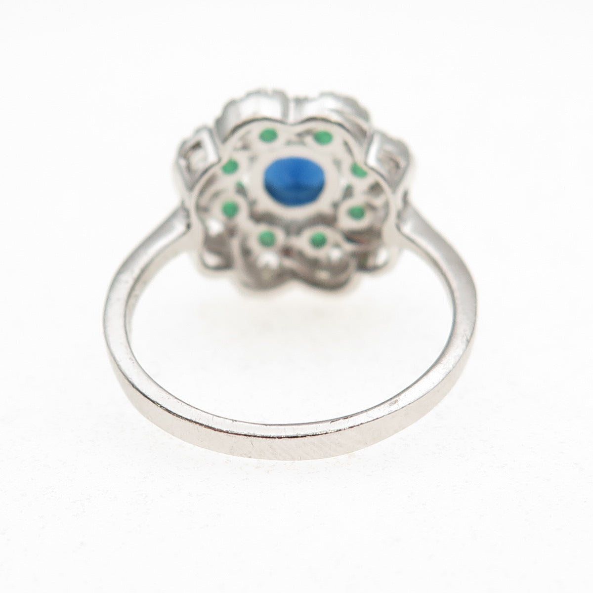 925 Sterling Silver Round-Cut Blue Green & White C Z Floral Ring Size 7.75