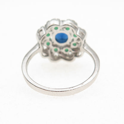 925 Sterling Silver Round-Cut Blue Green & White C Z Floral Ring Size 7.75