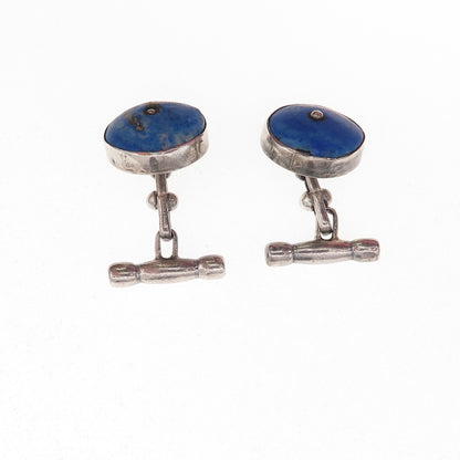 925 Sterling Silver Vintage Real Lapis Modernist Oxidized Chain Cufflinks