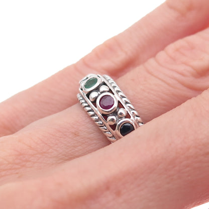 CNA Pranda 925 Sterling Silver Vintage Real Emerald Sapphire Ruby Ring Size 6.25