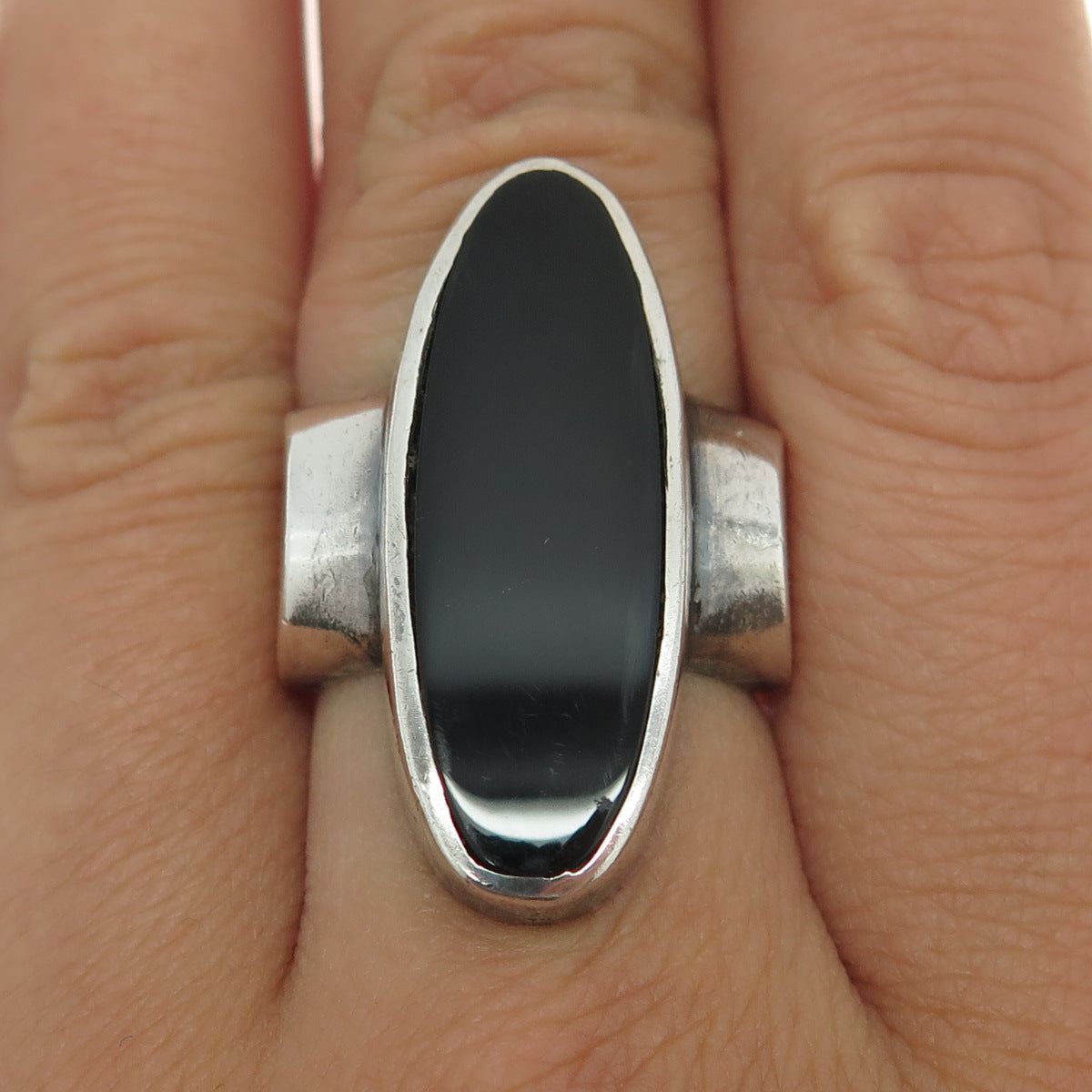 925 Sterling Silver Vintage Real Black Onyx Gemstone Statement Ring Size 7.5