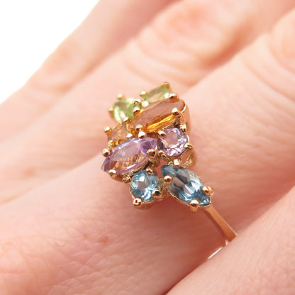 925 Sterling Silver Gold Plated Blue Topaz Citrine Peridot Amethyst Ring Size 7