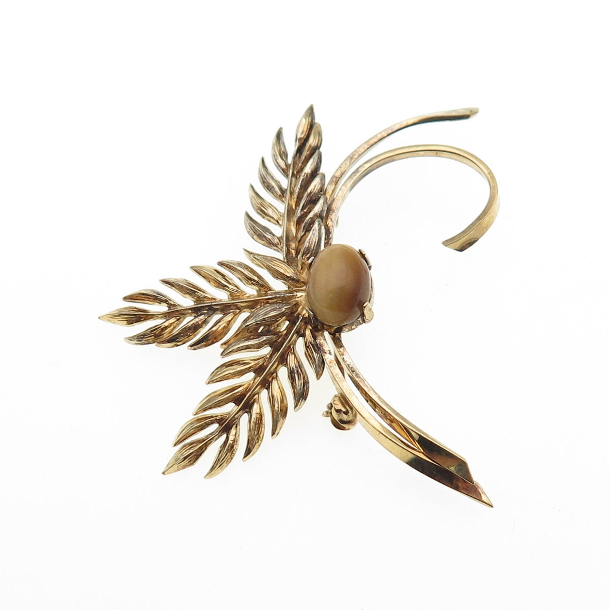 WELLS 925 Sterling Silver Gold Plated Vintage Real Tiger Eye Floral Pin Brooch