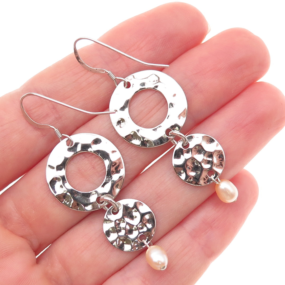 925 Sterling Silver Vintage Real Pearl Modernist Hammered Dangle Earrings