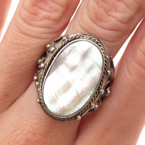 500 Silver Antique Victorian Real Mother-of-Pearl Oxidized Ring Size 8