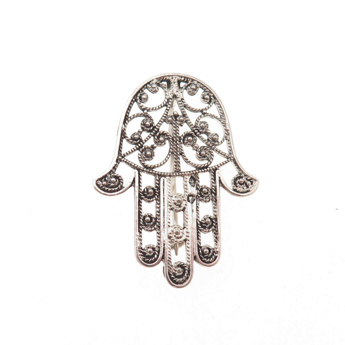 800 Silver Antique Art Deco France Hamsa Filigree Oxidized Pin Brooch