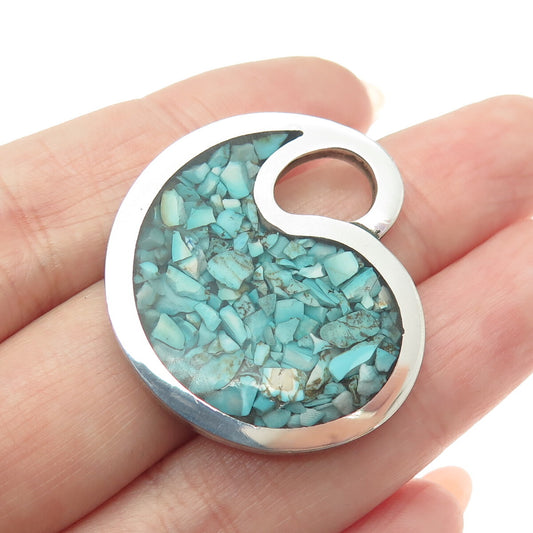 925 Sterling Silver Vintage Real Turquoise Inlay Modernist Teardrop Pendant
