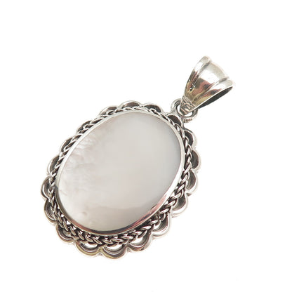 925 Sterling Silver Vintage Real MOP Floral Oxidized Pendant
