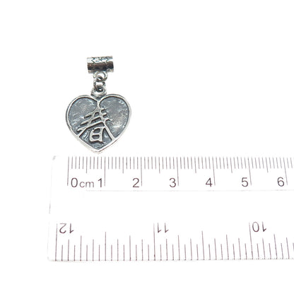 925 Sterling Silver Vintage Chinese Character Heart Oxidized Slide Charm Pendant