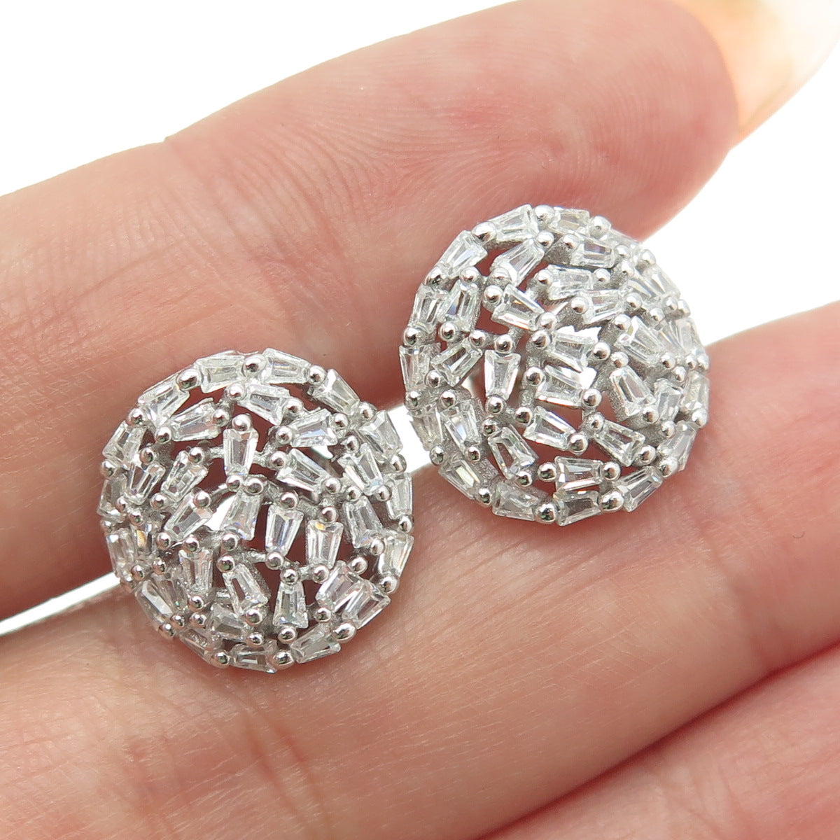 925 Sterling Silver Tapered Baguette-Cut C Z Disc Earrings