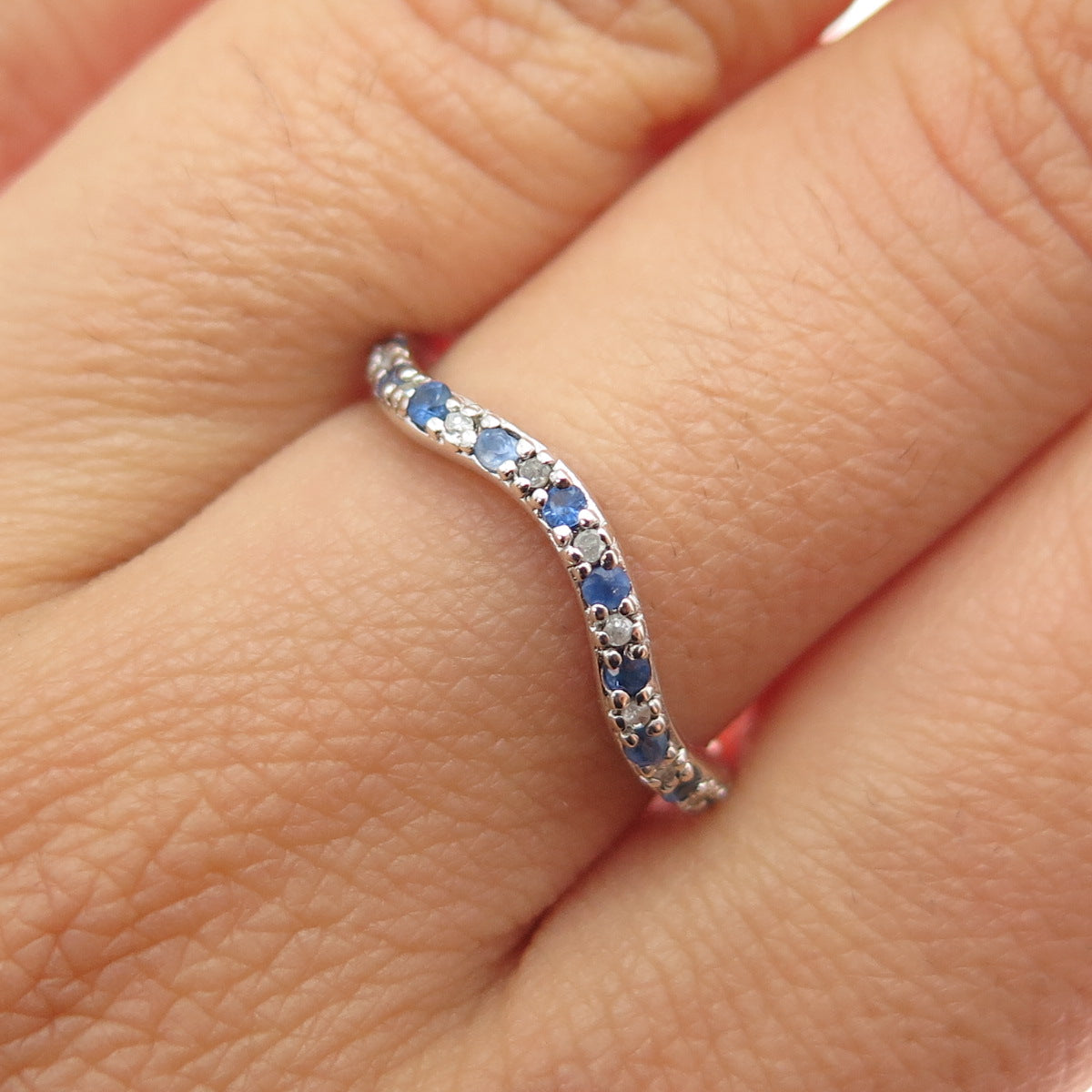 925 Sterling Silver Real Round-Cut Diamond & Sapphire Wavy Ring Size 7.25