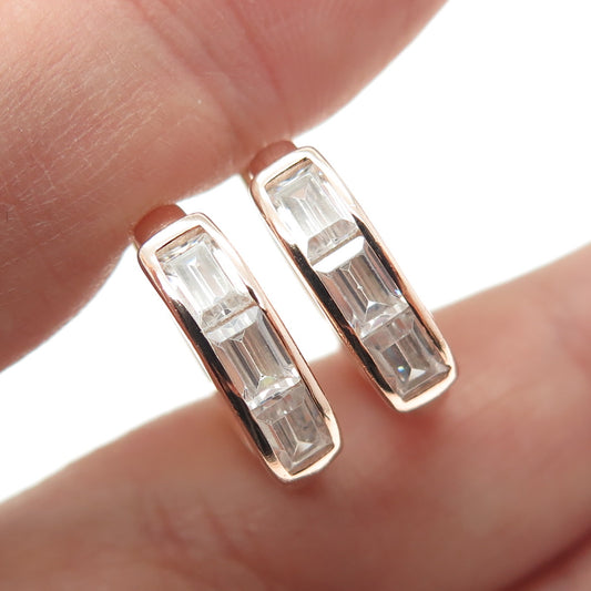 925 Sterling Silver Rose Gold Plated Emerald-Cut Shaped C Z Huggie Earrings