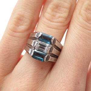 925 Sterling Silver Vintage Emerald-Cut Blue & White C Z Oxidized Ring Size 6