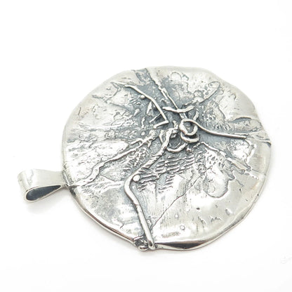 925 Sterling Silver Vintage Brutalist Modernist Large Round Pendant