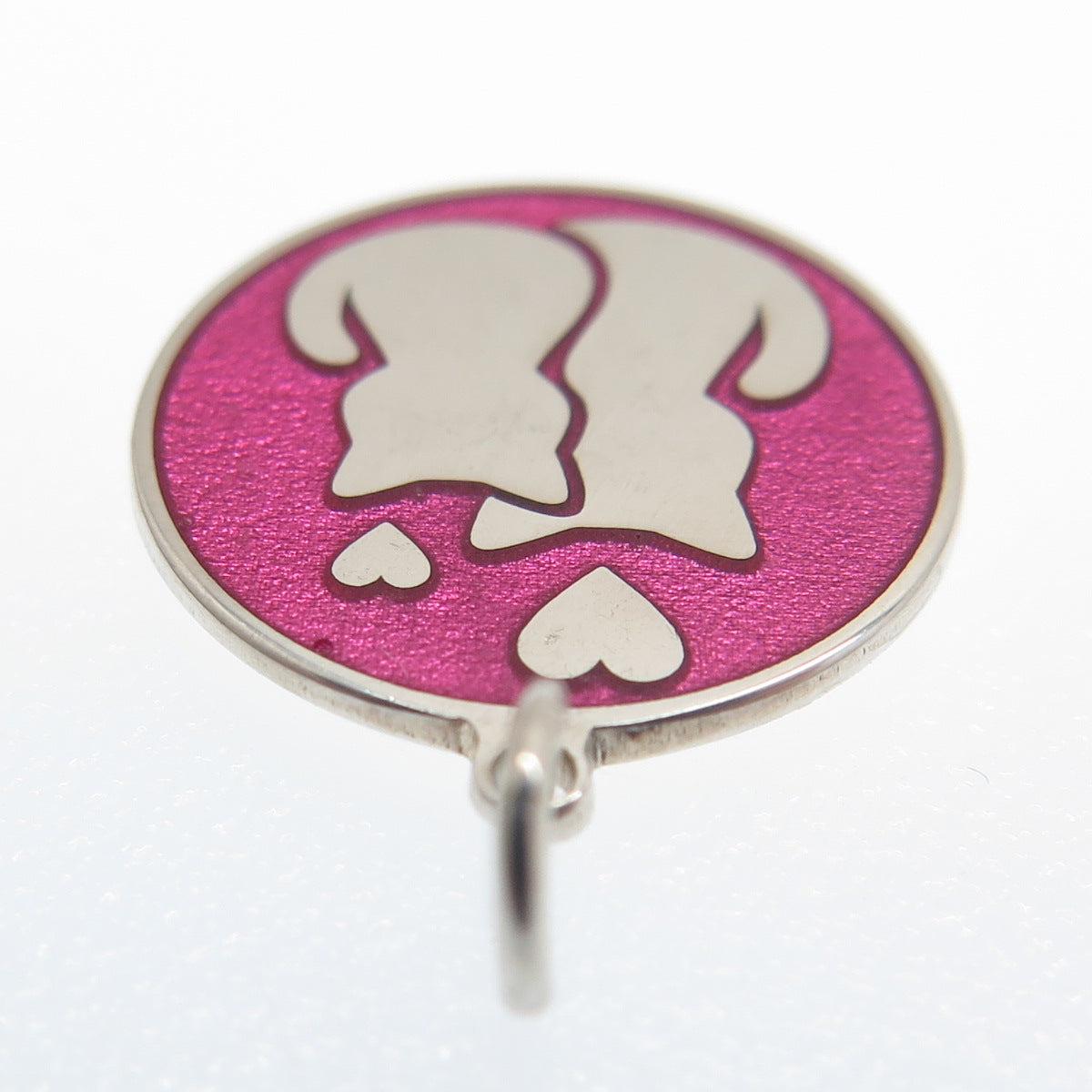 925 Sterling Silver Pink Enamel Cat Couple Round Tag Minimalist Charm Pendant