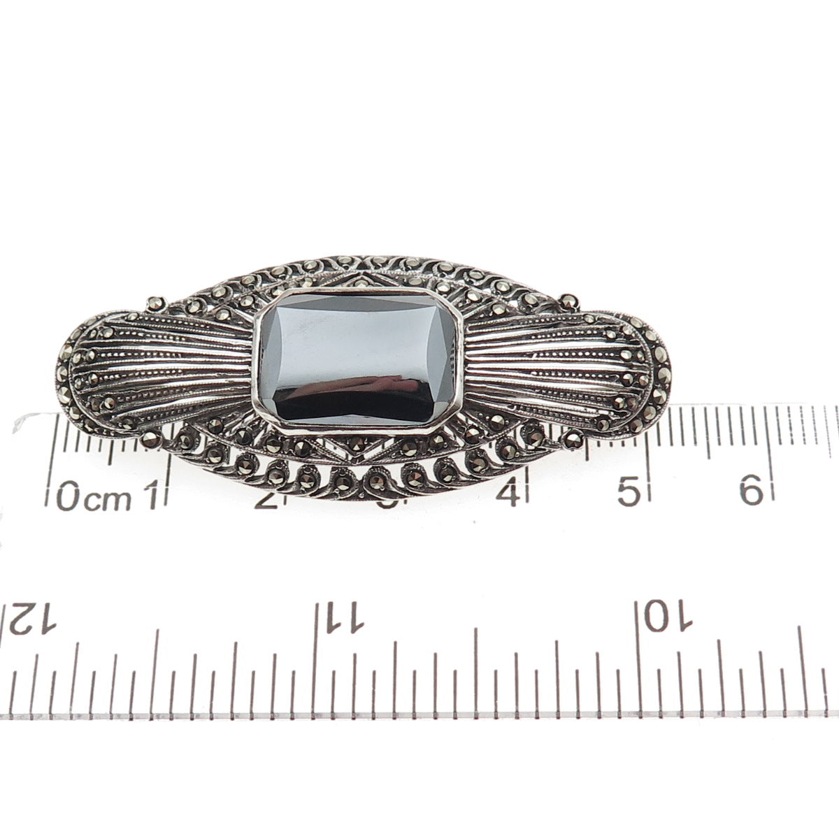 925 Sterling Silver Antique Art Deco Germany Real Hematite Marcasite Pin Brooch