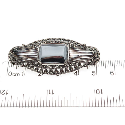 925 Sterling Silver Antique Art Deco Germany Real Hematite Marcasite Pin Brooch