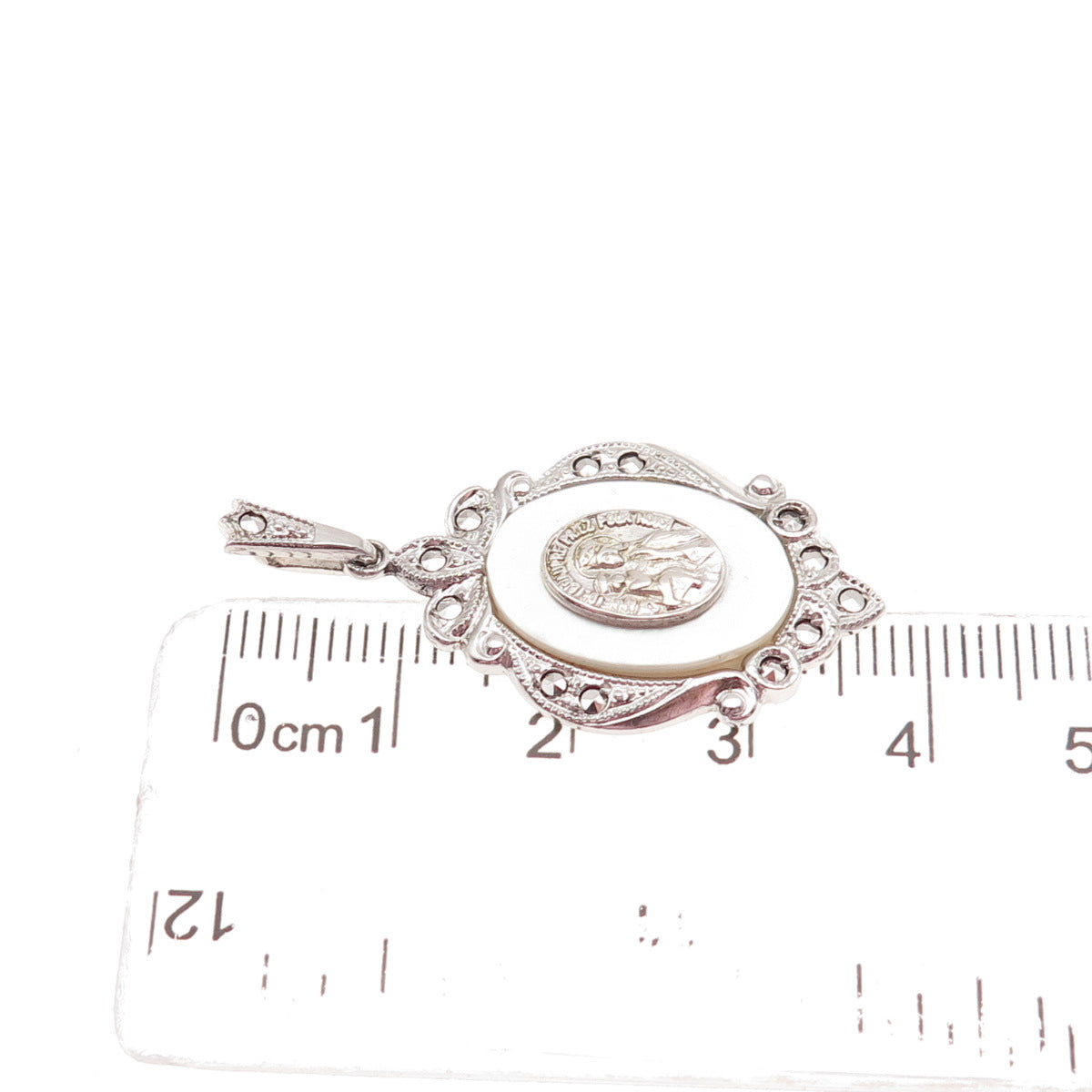 Theda 925 Sterling Silver Antique Art Deco Real MOP & Marcasite St. Mary Pendant