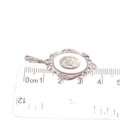 Theda 925 Sterling Silver Antique Art Deco Real MOP & Marcasite St. Mary Pendant